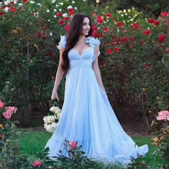 Mac Duggal Ruffle Tiered Cut Out Baby Blue Chiffon Gown Dress Size 10 - Picture 4 of 13